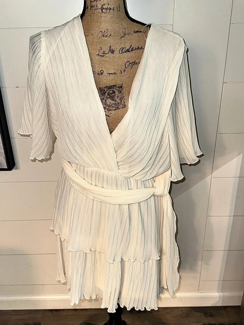 Zara Ivory Pleated Tiered Mini Dress Wrap V Neck Flutter Sleeve L NWT
